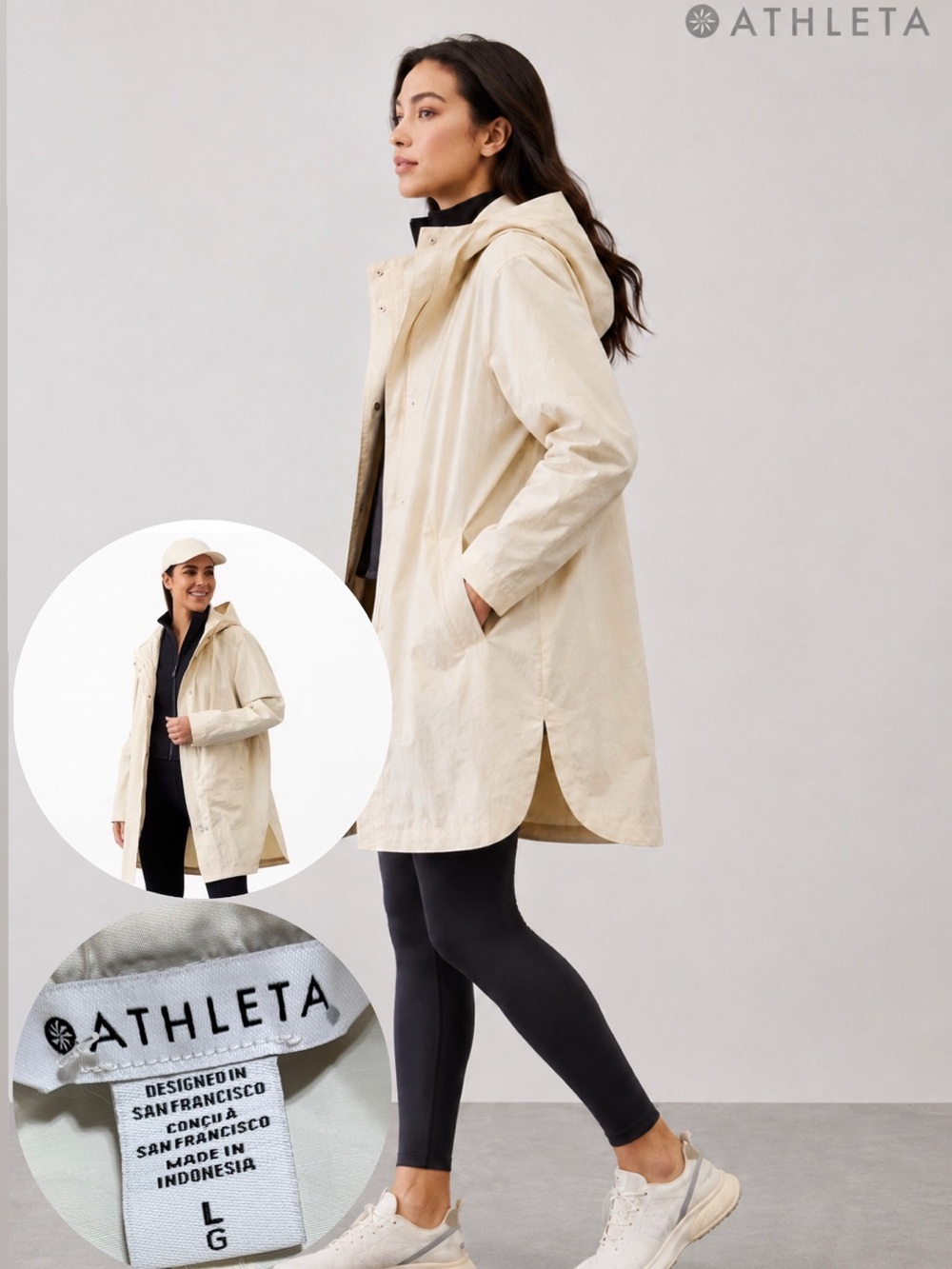 Athleta Everywhere Anorak Jacket Women Large Ivory Hooded Rain Coat NWT